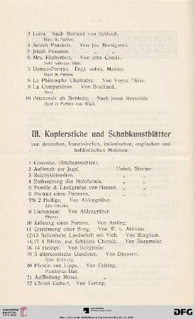 III. Kupferstiche und Schabkunstblätter von deutschen, französischen, italienischen, englischen und holländischen Meistern (Nr. 1-126)