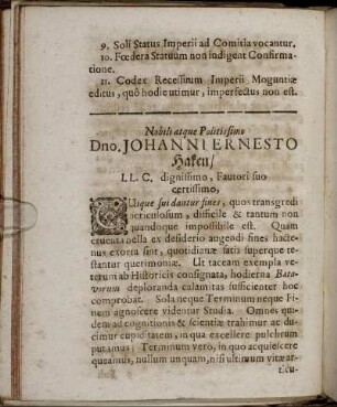 Nobili atque Politissimo Dno. Johanni Ernesto Haken / LL. C. dignissimo, Fautori suo certissimo.