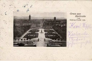 Postkartenalbum. "Gruss aus Karlsruhe vom Schlossturm aus". Schlossplatz