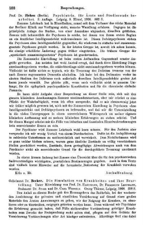 588, Ziehen. Psychiatrie, für Ärzte und Studierende bearbeitet. 1908