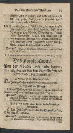 Das zweyte Capitel. Von der Koerper-Welt ueberhaupt, [...].