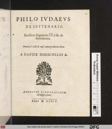 Philo Judaeus De Septenario : Eiusdem fragmenta II. è lib. de Providentia