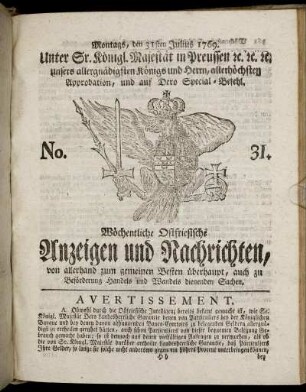 No. 31. Montags, den 31ten Julius 1769.
