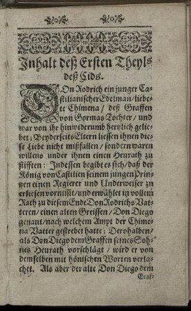 Inhalt deß Ersten Theils deß Cids.