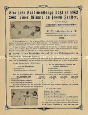 Werbeprospekt des Ingenieur- und Patentbüros Erich Peters in Magdeburg für den verstellbaren Gardinenstangenhaken und den Rosettenhalter; um 1900