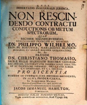 Dissertatio Inauguralis Juridica, De Non Rescindendo Contractu Conductionis Ob Metum Spectrorum