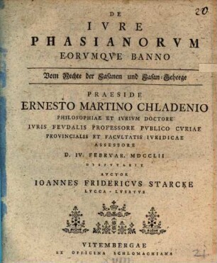 De ivre phasianorvm eorvmqve banno, Vom Rechte der Fasanen und Fasan-Geheege