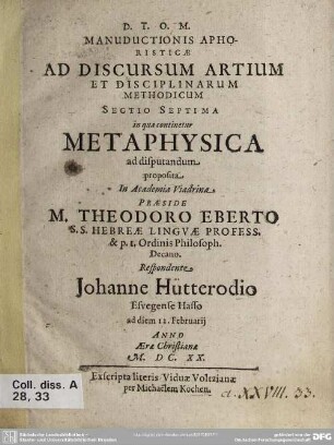 7: Metaphysica ad disputandum proposita