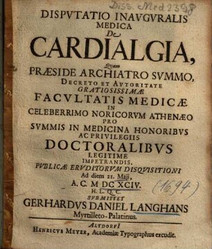 Dispvtatio Inavgvralis Medica De Cardialgia