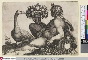 [Flussgott mit Füllhorn in der rechten Hand, daneben eine Gans]