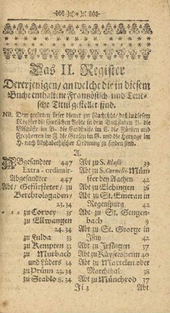 Das II. Register Derjenigen/ an welche die in diesem Buche enthaltene Französisch und Teutsche Titul gestellet sind