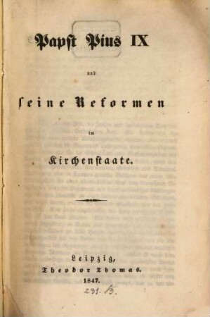 Papst Pius IX. [Pius IX. Papa] und seine Reformen im Kirchenstaate