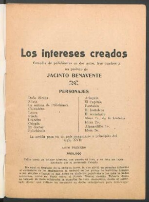 Los intereses creados : comedia de polichinelas en dos actos, tres cuadros y un prólogo