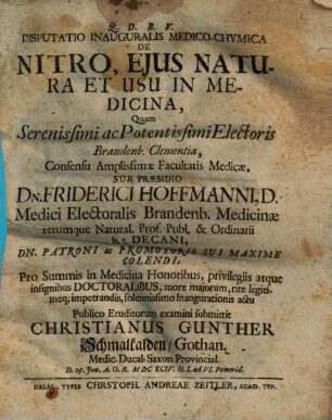 Disputatio Inauguralis Medico-Chymica De Nitro, Eius Natura Et Usu In Medicina