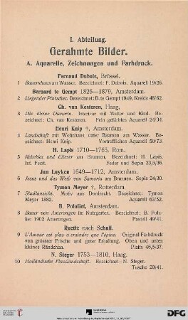I. Abteilung: Gerahmte Bilder (Nr. 1-131)