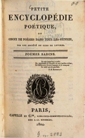 Petite encyclopédie poétique : ou choix de poésies dans tous les genres. 2. Poèmes badins. - 1804. - 288 S.