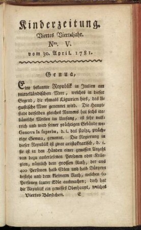 Kinderzeitung. Viertes Vierteljahr. Nro. V. vom 30. April. 1781.