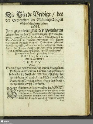 Die Vierde Predigt, bey der Dedication der Wolmerstedischen Schlosskirchen gehalten daselbst