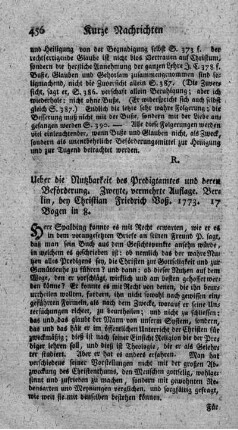 Ueber die Nutzbarkeit des Predigtamts und deren Beförderung. 2.verm.Aufl.