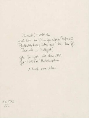 Brief von Friedrich Bardili an Gustav Schwab