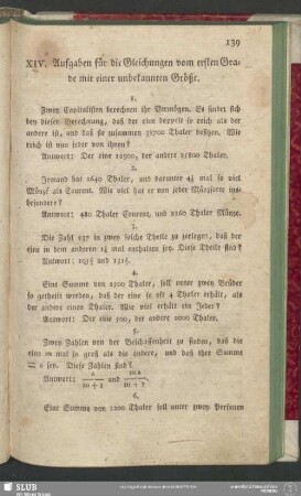 XIV. Aufgaben für die Gleichungen vom ersten Grade mit einer unbekannten Größe