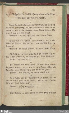 XIV. Aufgaben für die Gleichungen vom ersten Grade mit einer unbekannten Größe