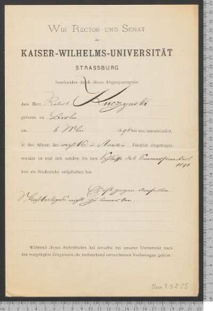 Abgangszeugnis von der Kaiser-Wilhelms-Universität Strassburg