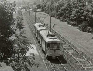 Zweigleisige Straßenbahnstrecke in Seitenlage mit Zweiwagenzug (Tw + Tw) der Linie 11 nach Bühlau. Blick von der Fußgängerbrücke zum Carolaplatz : Dresden-Neustadt, Albertstraße. Zweigleisige Straßenbahnstrecke in Seitenlage mit Zweiwagenzug (Tw + Tw) der Linie 11 nach Bühlau. Blick von der Fußgängerbrücke zum Carolaplatz