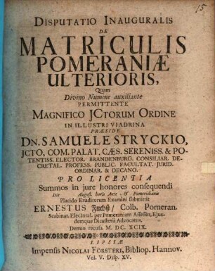 Disputatio Inauguralis De Matriculis Pomeraniae Ulterioris