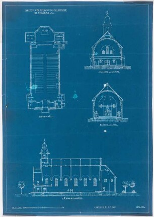 St. Bonifatius (mit Pfarrhaus), Dortmund-Schüren: Grundriss, Querschnitte und Längsschnitt (neues Projekt) 1:200