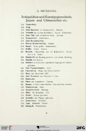 II. Abteilung. Antiquitäten und Kunstgegenstände, Japan- und Chinasachen etc. (Nr. 211-543)
