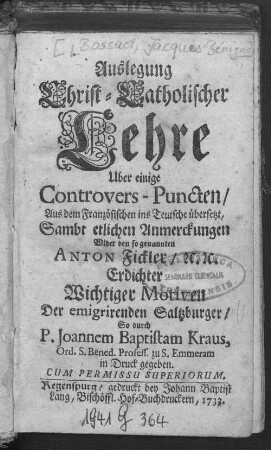 Auslegung Christ-Catholischer Lehre Uber einige Controvers-Puncten : Aus dem Französischen ins Teutsche übersetzt