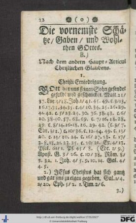 Die vornehmste Schätze, Gaben, und Wohl[tha]ten Gottes. B.) Nach dem andern Haupt-Articul Christlichen Glaubens.