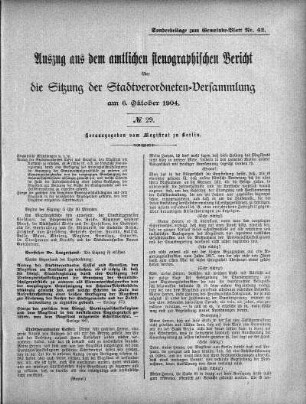 Auszug aus dem amtlichen stenographischen Bericht über die Sitzung der Stadtverordneten-Versammlung am 6. Oktober 1904