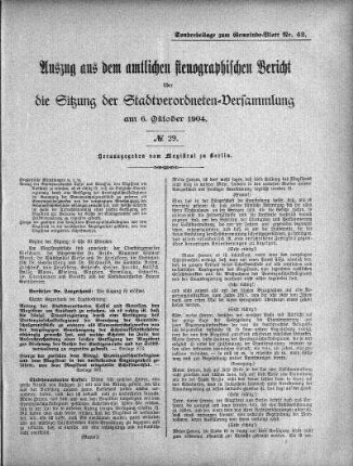 Auszug aus dem amtlichen stenographischen Bericht über die Sitzung der Stadtverordneten-Versammlung am 6. Oktober 1904