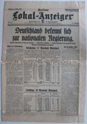 Tageszeitung "Berliner Lokal-Anzeiger" zu den Ergebnissen der Reichstagswahl vom 5. März 1933