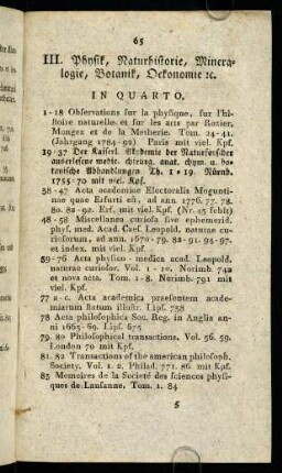 65-82, III. Physik, Naturhistorie, Mineralogie, Botanik, Oekonomie