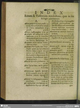 Index Rerum & Verborum notabilium, quae in his, quae in his Eclogis continentur