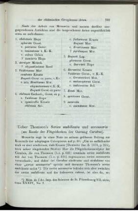 Ueber Thomson´s Series umbilicata und accessoria (am Rande der Flügeldecken der Gattung Carabus).
