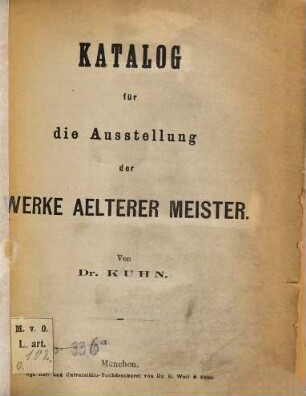 Katalog für die Ausstellung der Werke aelterer Meister