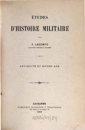 Études d'histoire militaire. 1