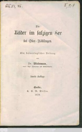 Die Bäder im salzigen See bei Ober-Röblingen : Ein balneologischer Beitrag