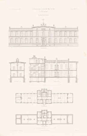 Garnison-Lazarett, Berlin-Tempelhof: Grundriss Keller, EG, Vorderansicht, Querschnitt, Längsschnitt Pavillon für 74 Betten (aus: Atlas zur Zeitschrift für Bauwesen, hrsg. v. G. Erbkam, Jg. 29, 1879)