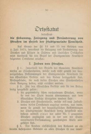 Ortsstatut betreffend die Bebauung, Anlegung und Veränderung von Straßen im Bezirk der Stadtgemeinde Remscheid.