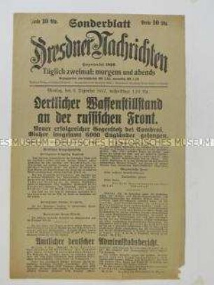 Nachrichtenblatt der Tageszeitung "Dresdner Nachrichten" u.a. über örtliche Waffenstillstände an der Ostfront