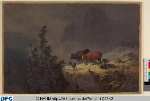 Gebirgslandschaft mit Rindern und Ziegen