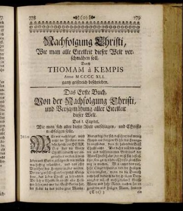 Das Erste Buch, Von der Nachfolgung Christi, und Verschmähung aller Eitelkeit dieser Welt.