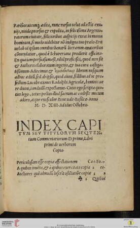 Index Capitvm sev Titvlorvm seqventivm Commentariorum