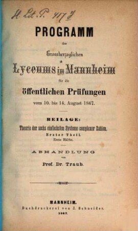 Programm des Grossherzoglichen Lyceums zu Mannheim, 1867