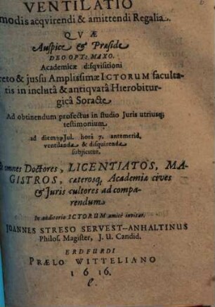 Ventilatio de modis acquirendi et amittendi regalia : dissertatio inauguralis